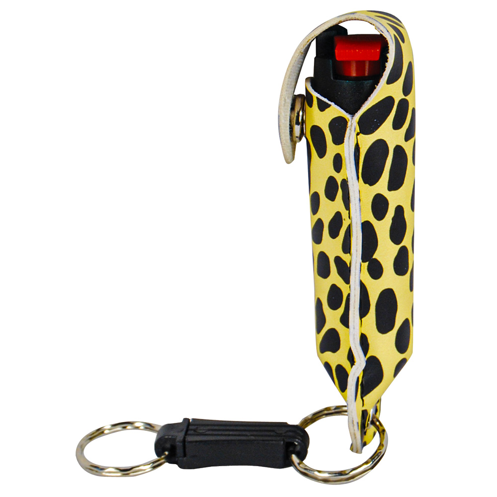 Pepper Shot 1.2% MC 1/2 oz pepper spray fashion leatherette holster and quick release keychain cheetah black/yellow view 3